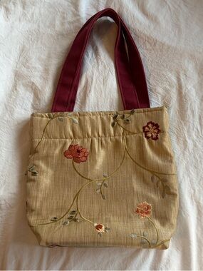 Floral Embroidered Beige mini Tote with Burgundy Handles